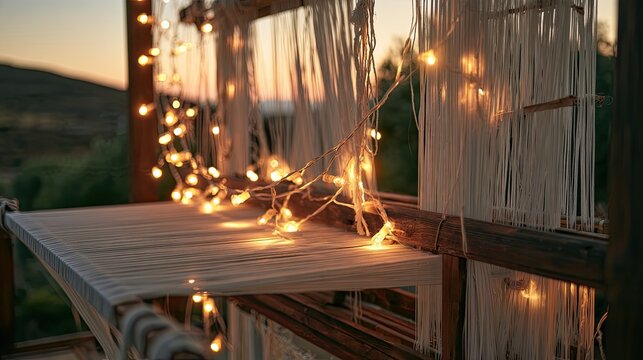 Warm string lights illuminate a weaving loom at dusk