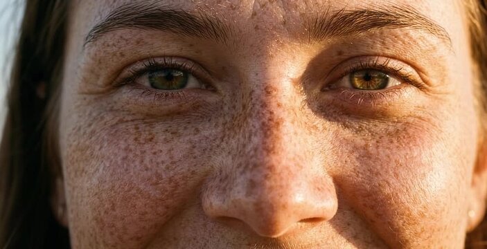 Close Up of Smiling Woman Sun Kissed Face with Dense Natural Freckles in Golden Sunset