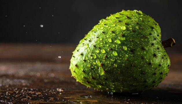 Single green soursop fruit with water droplets on wood