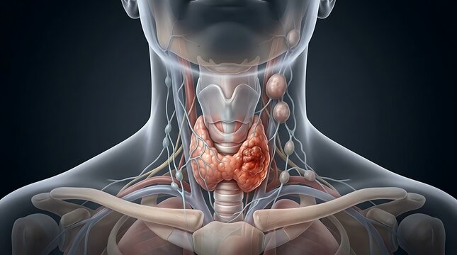 Human thyroid gland with tumor and lymph nodes medical illustration