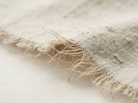 Macro shot of natural unbleached beige linen fabric with frayed edges and rough texture
