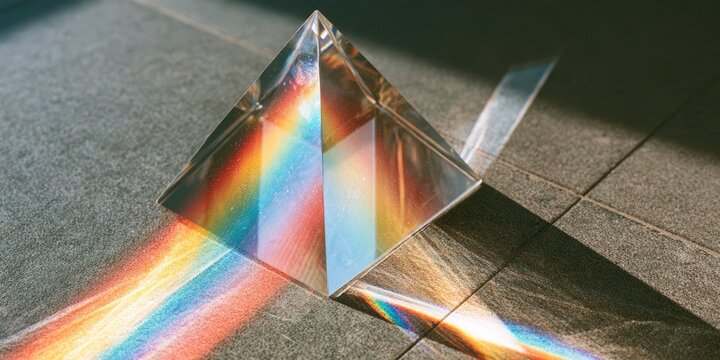 Crystal prism refracts sunlight, casting vibrant rainbow spectrum onto tiled surface