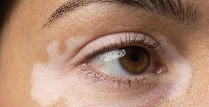 Macro Close Up of Eye and Eyelid with Vitiligo Depigmentation on Skin
