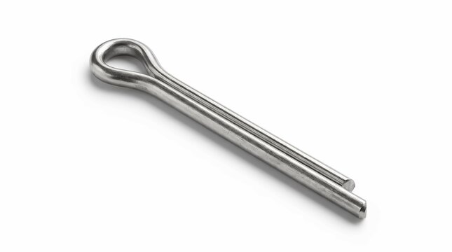 Shiny steel cotter pin isolated on white background showing durable metal construction for industrial mechanical fastening applications in engineering and manufacturing
