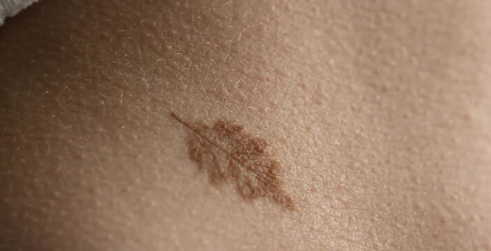 Macro Shot of Leaf Shaped Brown Birthmark Mole on Caucasian Human Skin