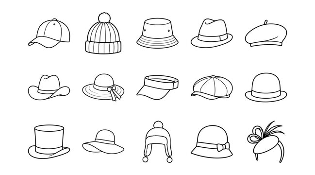 Line art icon set of various hat styles including cap, beanie, fedora, and top hat on transparent background
