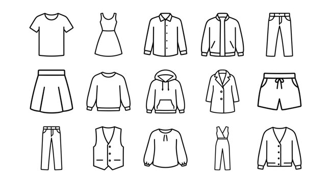 Clothing and apparel icon set with shirts, dresses, pants, and jackets on transparent background