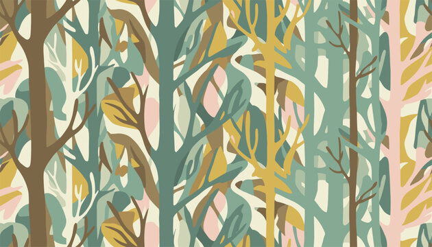 Abstract seamless pattern depicting a dense forest with tree trunks and branches in pastel ochre, green, pink, and brown.