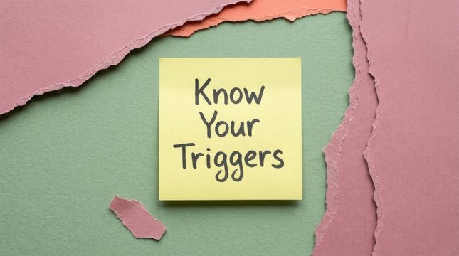 Yellow sticky note displaying the handwritten phrase know your triggers centered on a textured green background with torn pink paper edges