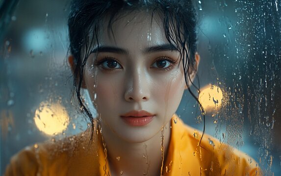 A young woman with wet hair stares through a rainy window pane.