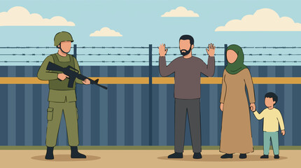 Obraz premium Armed soldier confronting civilian family at border fence, social issue concept