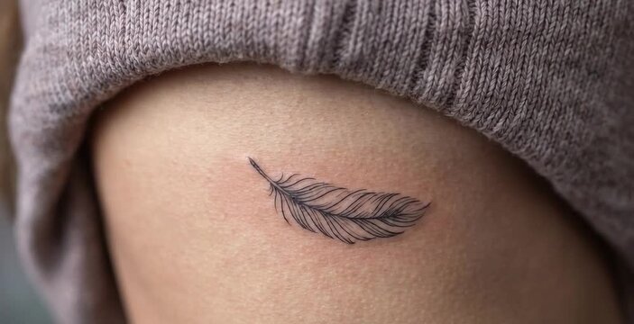 Macro Close Up of Fine Line Black Feather Tattoo on Woman Ribcage and Torso