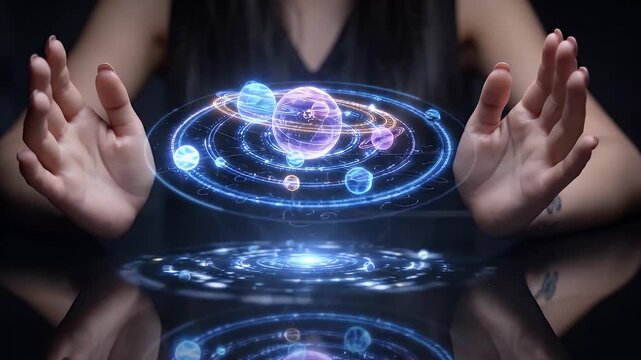 Futuristic woman using advanced holographic solar system projection technology in a dark science fiction environment