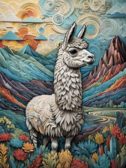 Fototapeta premium 3D textured illustration of a white alpaca llama standing in a vibrant mountain landscape with quilling paper art style swirl sky and flowers