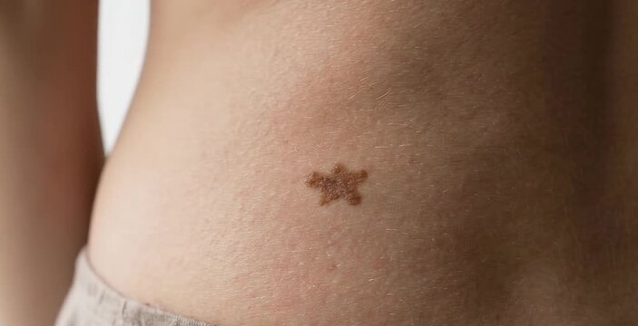 Macro Close Up of Small Star Shaped Brown Birthmark Congenital Nevus on Woman Lower Back