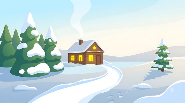 Winter landscape with cozy log cabin, snowy forest scene with wooden cottage, peaceful holiday nature background
