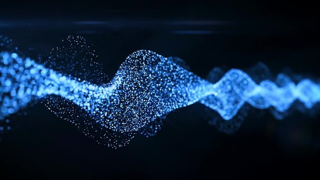 Glowing Blue Particle Wave Background, Abstract Digital Data Flow, Futuristic Technology Network and Science Concept with Depth of Field