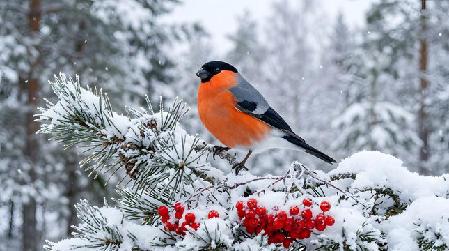 Eurasian Bullfinch perched on a snowy pine branch with red berries in winter forest