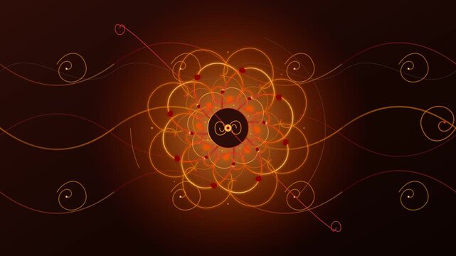Abstract autumn batik pattern featuring glowing orange spirals and a central circular mandala design on a dark brown background. Symmetrical flowing lines and organic leaf motifs.