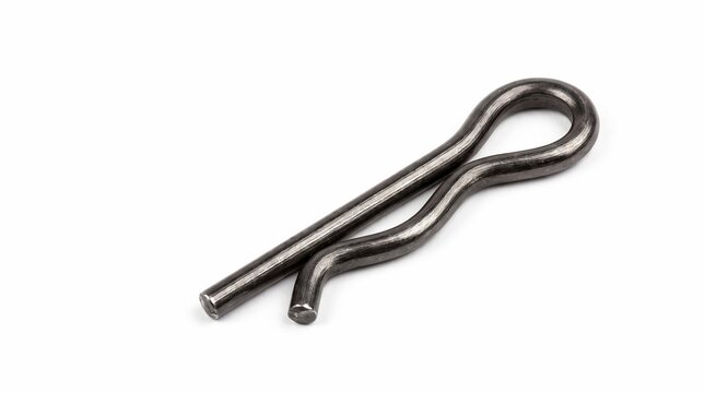 Metallic R-clip hairpin cotter pin fastener made of polished steel isolated on a clean white background for industrial engineering components
