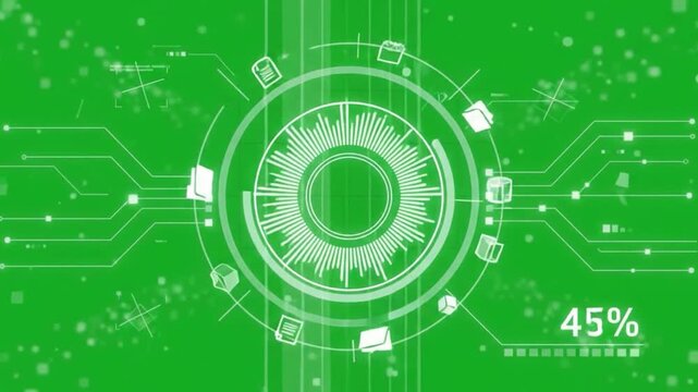 Digital loading progress animation with circuit board patterns on a vibrant green background.