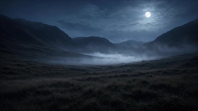 Cinematic Surreal Nature Timelapse Background with Glowing Full Moon Over Misty Mountain Valley, Rolling Fog, Textured Grassland, and Mysterious Dark Blue Night Landscape for Visual Storytelling
