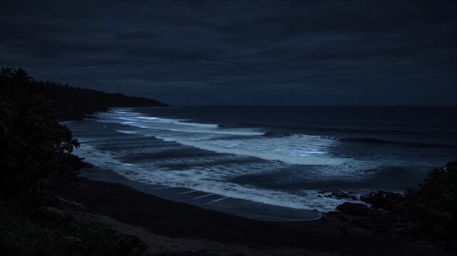 Cinematic surreal nature timelapse background of moonlit ocean wave trails along shadowed tropical coastline beach shoreline beneath layered storm clouds, creating dramatic tranquil scenic atmosphere