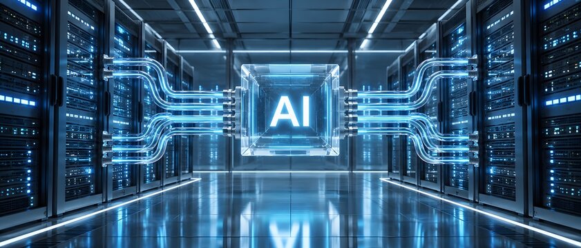 Artificial Intelligence (AI) cube with glowing data pipes connecting to server racks in a data center