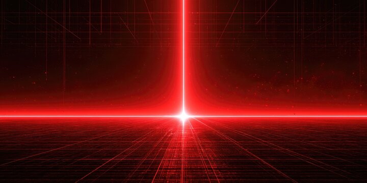 Abstract red digital grid with bright light nexus in perspective
