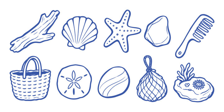 Beachcombing coastal treasures and sea finds doodle set Vector Illustration