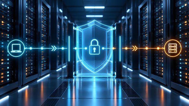 Network security concept in a data center, featuring a glowing shield and padlock protecting data flow between devices and servers