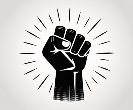 Black raised fist graphic illustration with radiating power lines on clean light background representing unity strength resistance protest and human rights.