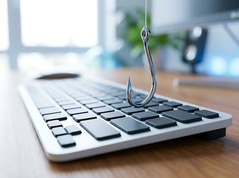 Silver fish hook dangling precariously above computer keyboard keys symbolizing online phishing scams and digital security threats.