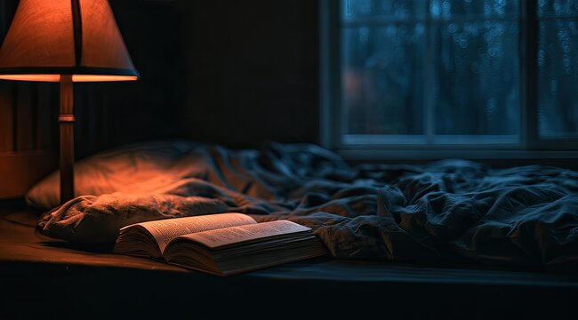 Cozy bed with open book and lamp glows on a rainy evening