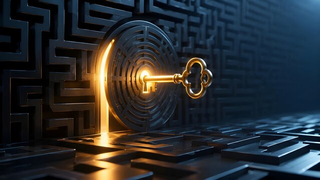 Golden key unlocking a complex dark maze with glowing light, symbolizing solution, opportunity, and breakthrough