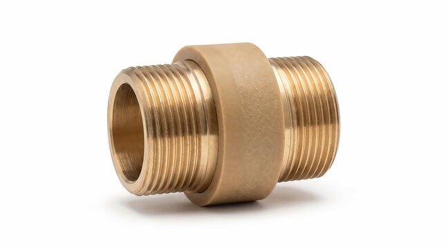 Brass male threaded pipe connector with plastic central section isolated on white background for industrial plumbing and water supply systems