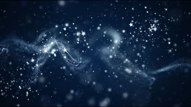 Midnight blue space with soft silver specks and glowing celestial star clusters