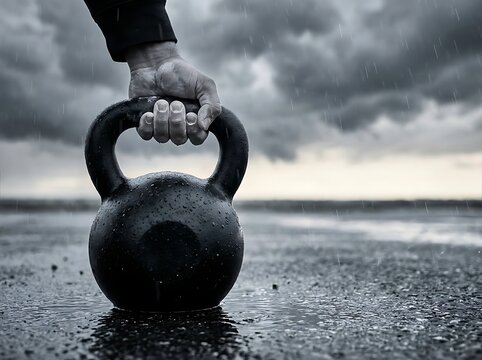 Strong athlete hand covered in chalk lifting heavy black cast iron kettlebell from wet pavement during intense physical conditioning workout under rain storm.