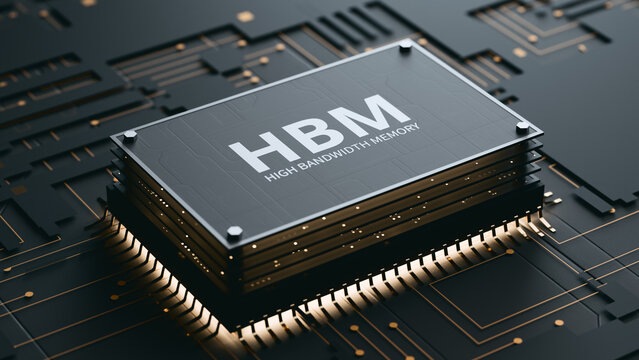 HBM High Bandwidth Memory Chip on Advanced Circuit Board. 3d render