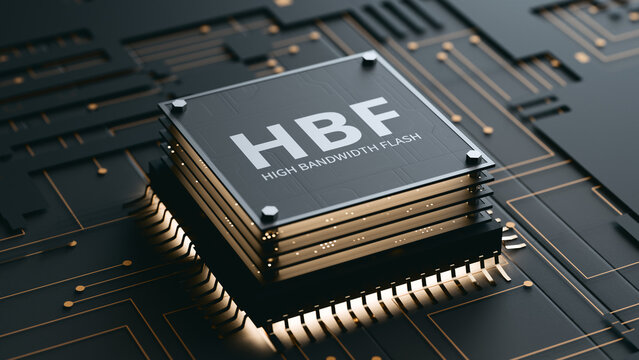 HBF High Bandwidth Flash Chip on Advanced Circuit Board. 3d render