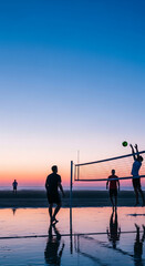 Fototapeta premium Silhouettes of people playing volleyball on a wet beach at sunset, symbolizing recreation, sport, and peaceful evenings