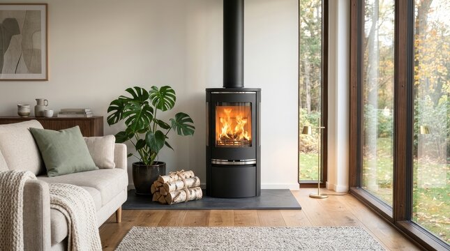 Modern black wood burning stove centerpiece creates a cozy atmosphere in this bright living room featuring natural wood flooring accents