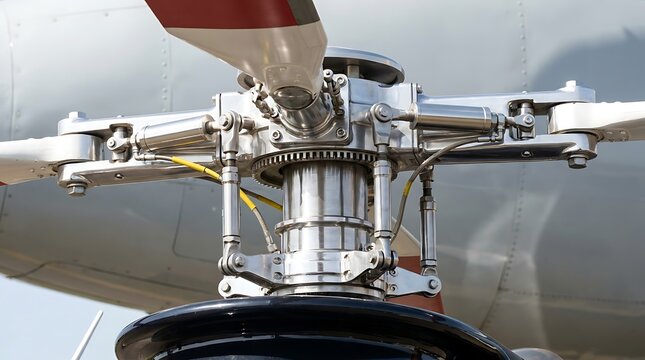 Close up of helicopter main rotor head showing complex linkage systems and control pitch mechanisms against a metallic grey fuselage background.