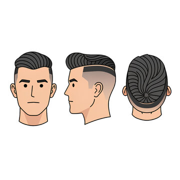 Modern Men&rsquo;s Hairstyle Front Side and Top View Flat Vector Illustration