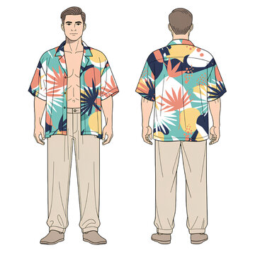 Men&rsquo;s Oversized Multicolor Beach Shirt and Linen Pants Front Back View Vector