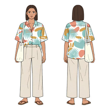 Young Woman Oversized Multicolor Beach Shirt Linen Pants Front Back Vector