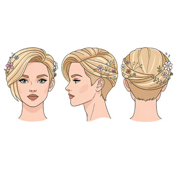 Modern Blonde Woman Floral Hairstyle Front Side and Back View Flat Vector Design