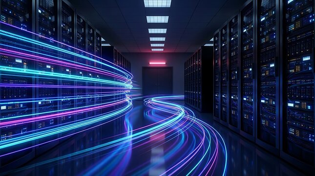 Futuristic network server room featuring wavy neon blue and purple light beams flowing through server racks to symbolize advanced cloud storage technology.