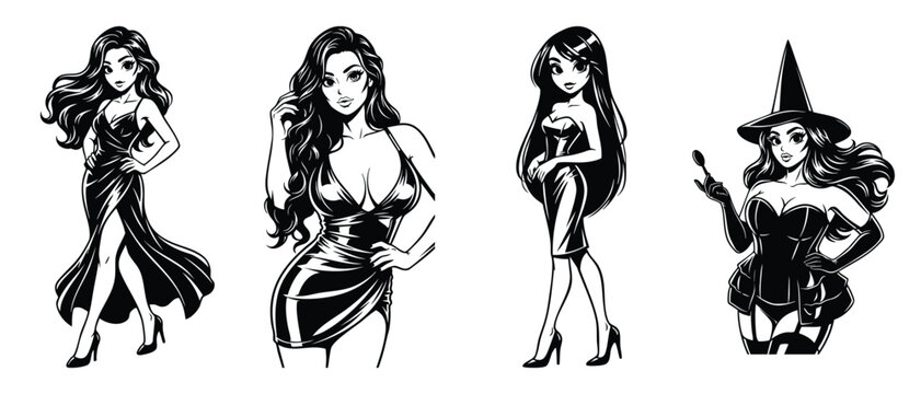 Set of black and white ink illustrations featuring beautiful women in fashionable dresses and a witch outfit.