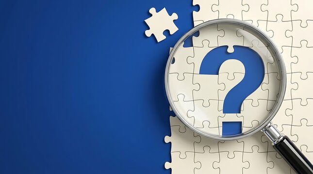White jigsaw puzzle pieces with magnifying glass focusing on missing blue question mark symbol on blue background representing problem solving business concept.